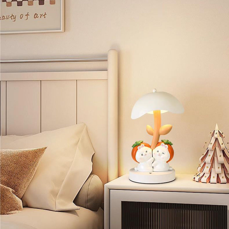 Contemporary Creative Resin Rabbit Decor Iron Mushroom Shade LED Night Light Table Lamp For Bedroom