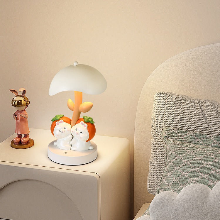 Contemporary Creative Resin Rabbit Decor Iron Mushroom Shade LED Night Light Table Lamp For Bedroom
