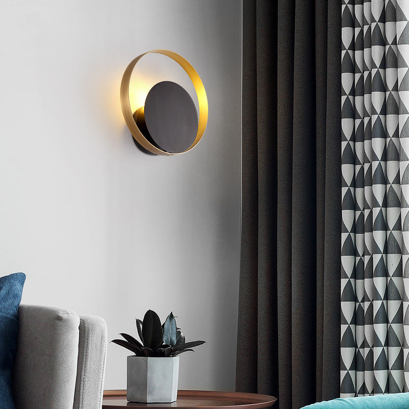 Modern Mid-Century Full Copper Geometric Circle Ring 1-Light Wall Sconce Lamp For Living Room
