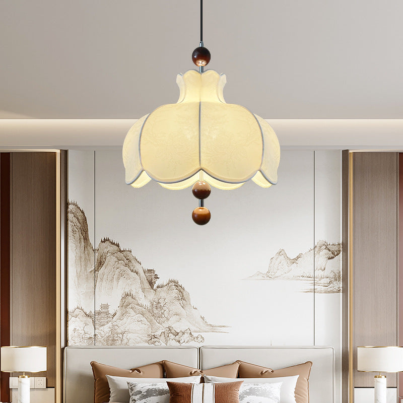 Modern Shabby Chic Printed Fabric Floral Shade Solid Wood 3-Light Pendant Light For Living Room