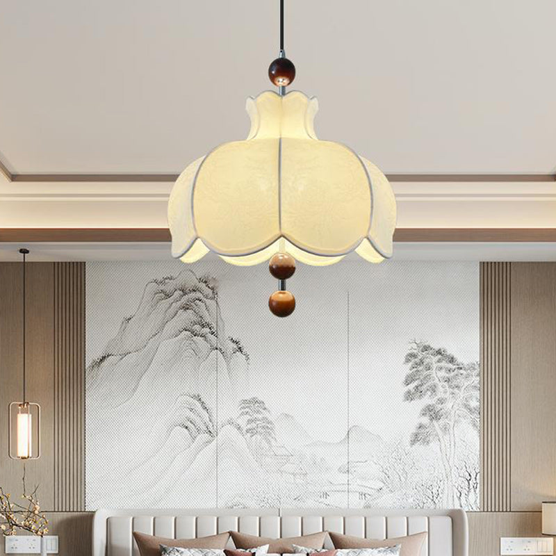 Modern Shabby Chic Printed Fabric Floral Shade Solid Wood 3-Light Pendant Light For Living Room