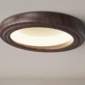 Traditional Japanese Round Iron Wood Grain ABS Shade LED Flush Mount Ceiling Light For Bedroom