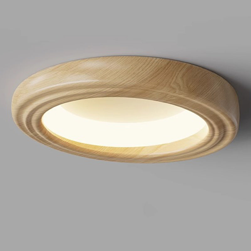 Traditional Japanese Round Iron Wood Grain ABS Shade LED Flush Mount Ceiling Light For Bedroom
