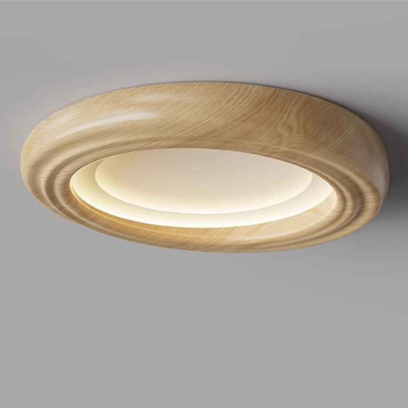 Traditional Japanese Round Iron Wood Grain ABS Shade LED Flush Mount Ceiling Light For Bedroom