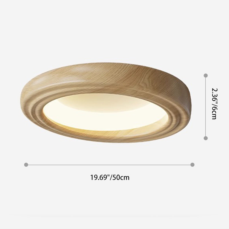 Traditional Japanese Round Iron Wood Grain ABS Shade LED Flush Mount Ceiling Light For Bedroom