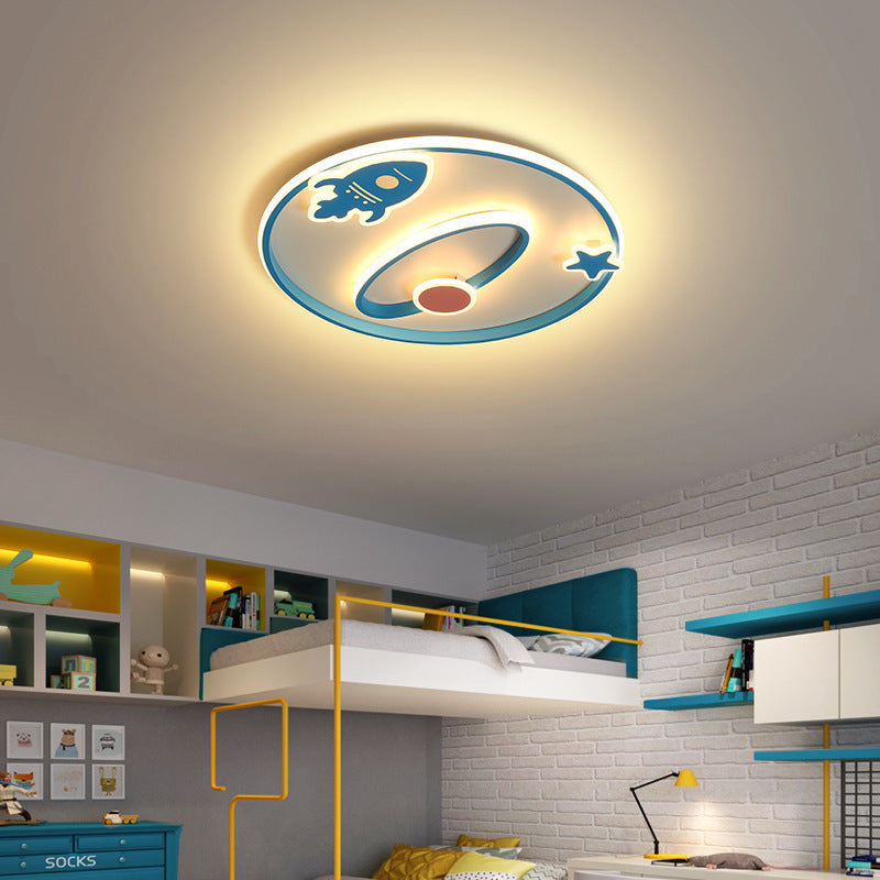 Contemporary Creative Cartoon Space Rocket Iron Acrylic LED Flush Mount Ceiling Light For Bedroom