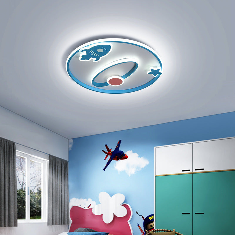 Contemporary Creative Cartoon Space Rocket Iron Acrylic LED Flush Mount Ceiling Light For Bedroom