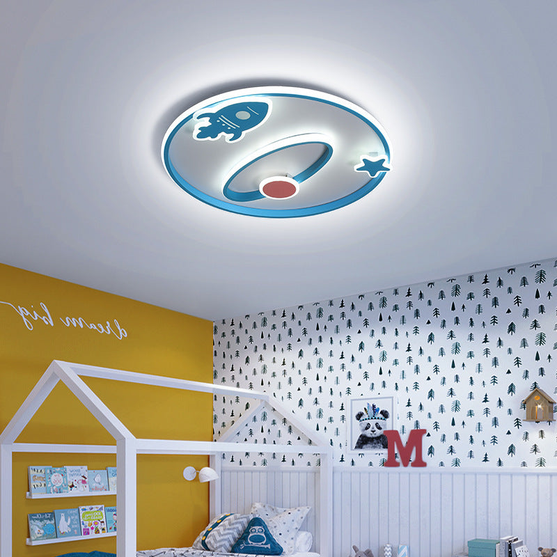 Contemporary Creative Cartoon Space Rocket Iron Acrylic LED Flush Mount Ceiling Light For Bedroom
