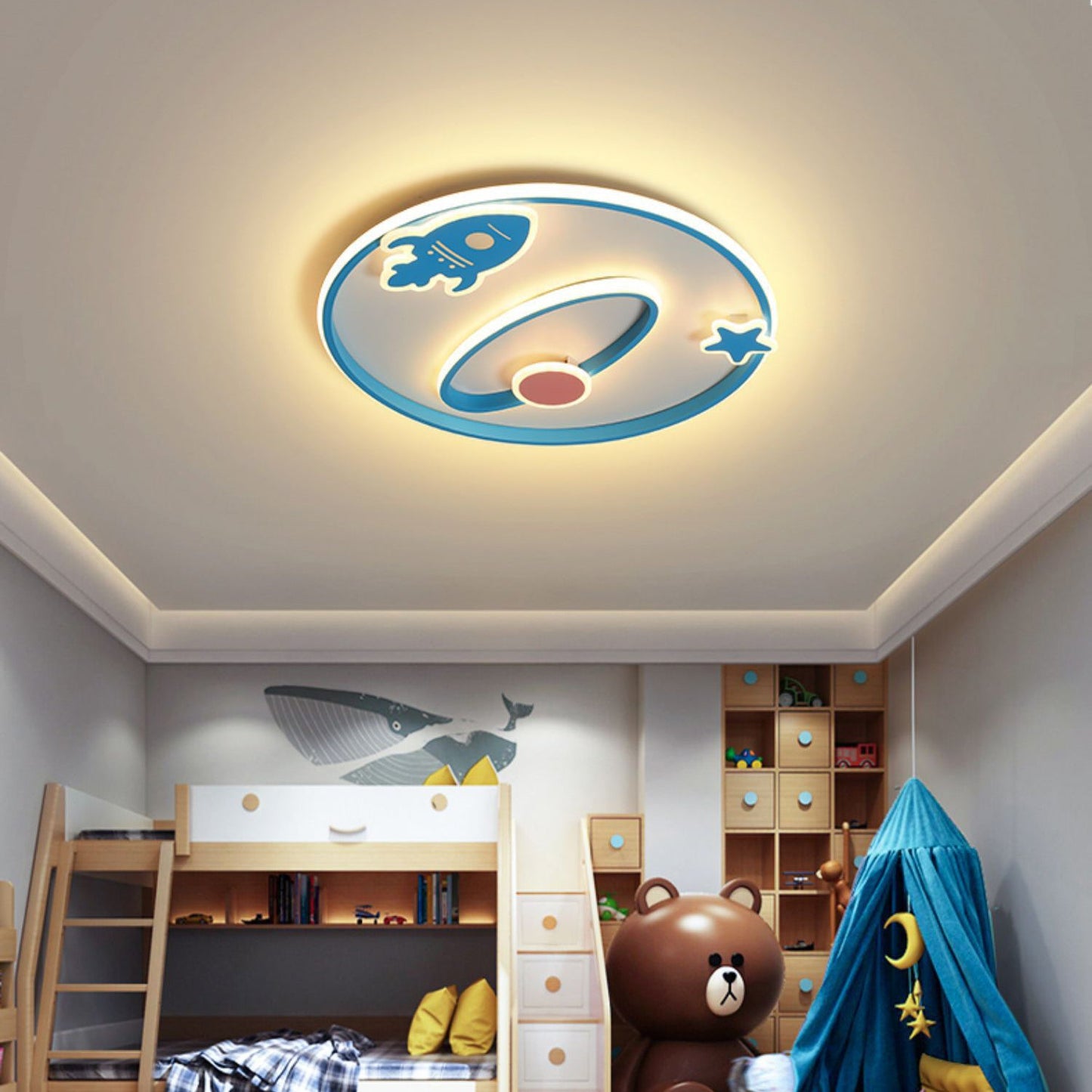 Contemporary Creative Cartoon Space Rocket Iron Acrylic LED Flush Mount Ceiling Light For Bedroom