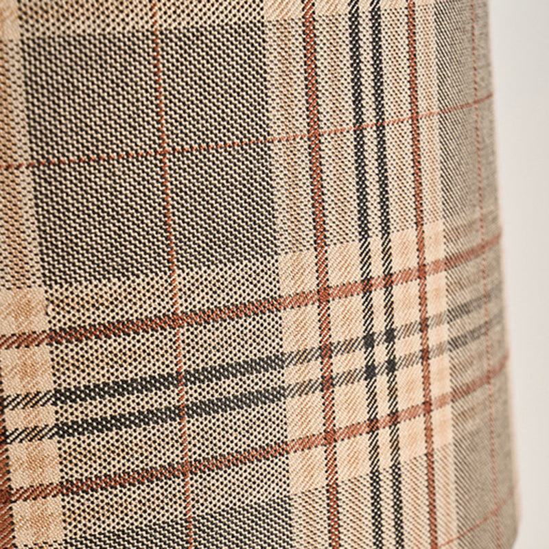 Traditional Colonial Plaid Fabric Round Shade Solid Wood Column Base 1-Light Table Lamp For Bedroom