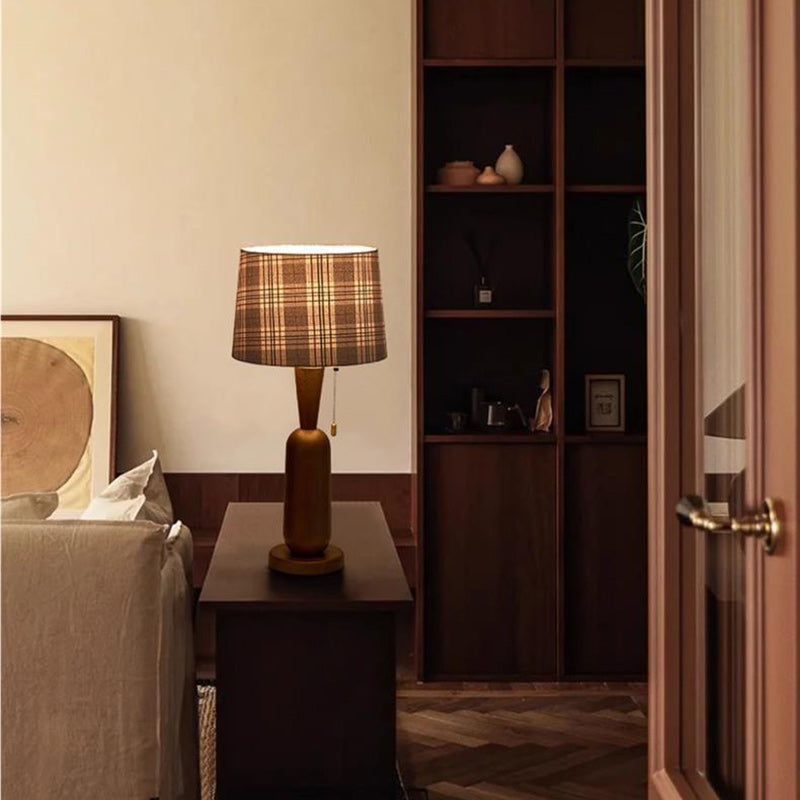 Traditional Colonial Plaid Fabric Round Shade Solid Wood Column Base 1-Light Table Lamp For Bedroom