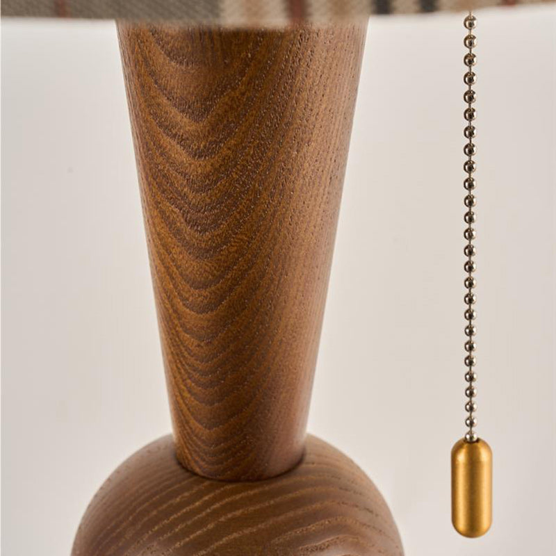 Traditional Colonial Plaid Fabric Round Shade Solid Wood Column Base 1-Light Table Lamp For Bedroom