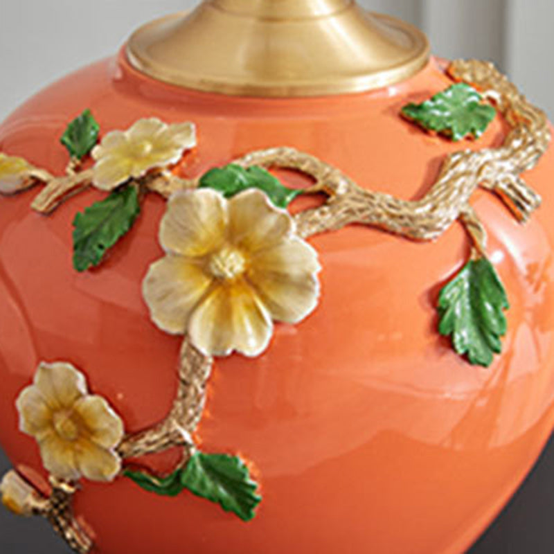 Traditional Chinese Pleated Fabric Shade Enameled Ceramic Vase Base 1-Light Table Lamp For Bedroom