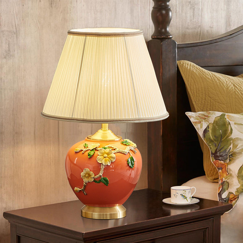 Traditional Chinese Pleated Fabric Shade Enameled Ceramic Vase Base 1-Light Table Lamp For Bedroom