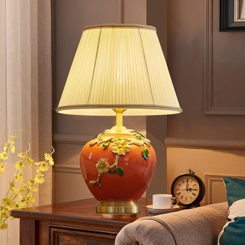 Traditional Chinese Pleated Fabric Shade Enameled Ceramic Vase Base 1-Light Table Lamp For Bedroom