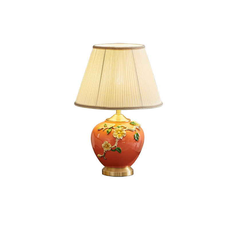 Traditional Chinese Pleated Fabric Shade Enameled Ceramic Vase Base 1-Light Table Lamp For Bedroom