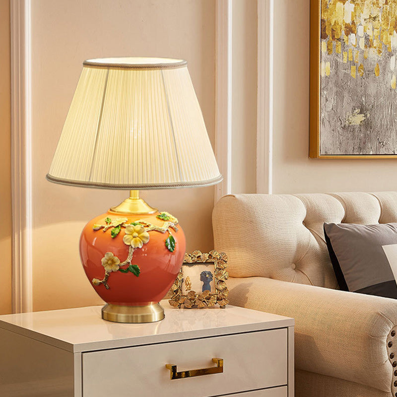 Traditional Chinese Pleated Fabric Shade Enameled Ceramic Vase Base 1-Light Table Lamp For Bedroom