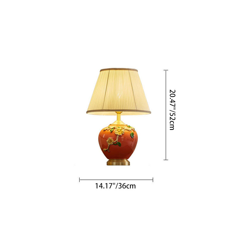 Traditional Chinese Pleated Fabric Shade Enameled Ceramic Vase Base 1-Light Table Lamp For Bedroom