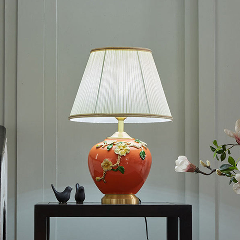 Traditional Chinese Pleated Fabric Shade Enameled Ceramic Vase Base 1-Light Table Lamp For Bedroom