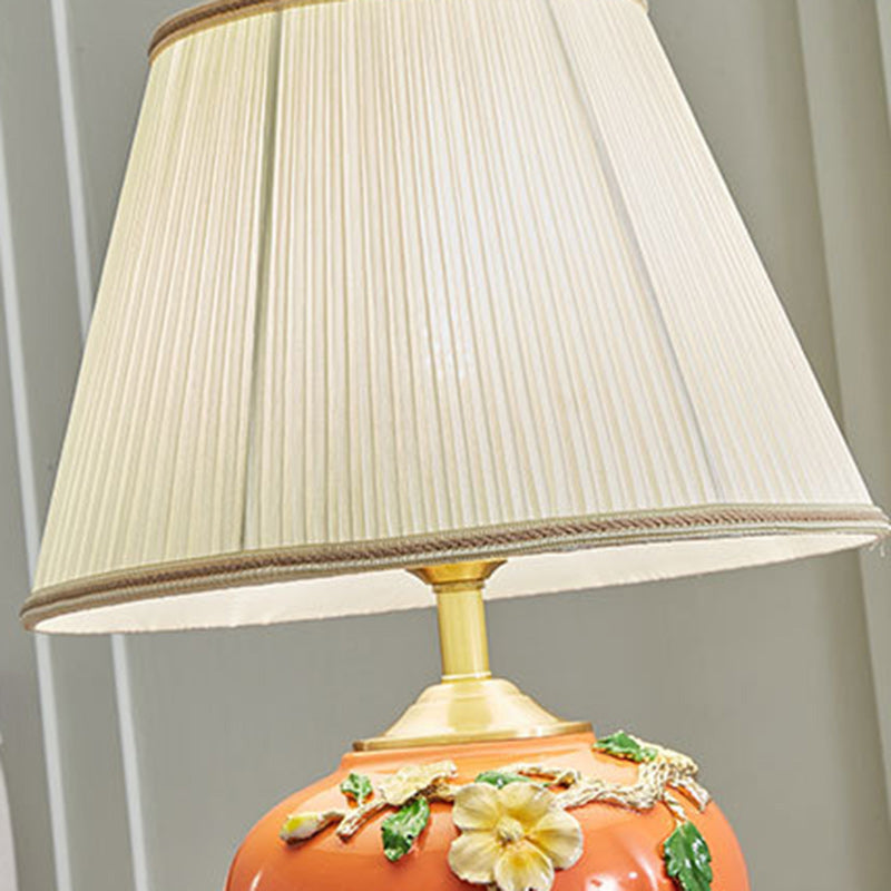 Traditional Chinese Pleated Fabric Shade Enameled Ceramic Vase Base 1-Light Table Lamp For Bedroom