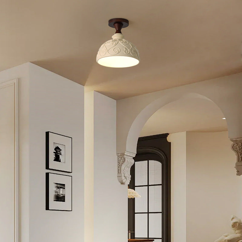 Modern Transitional Solid Wood Semicircle Carving Resin Shade 1-Light Semi-Flush Mount Ceiling Light For Living Room