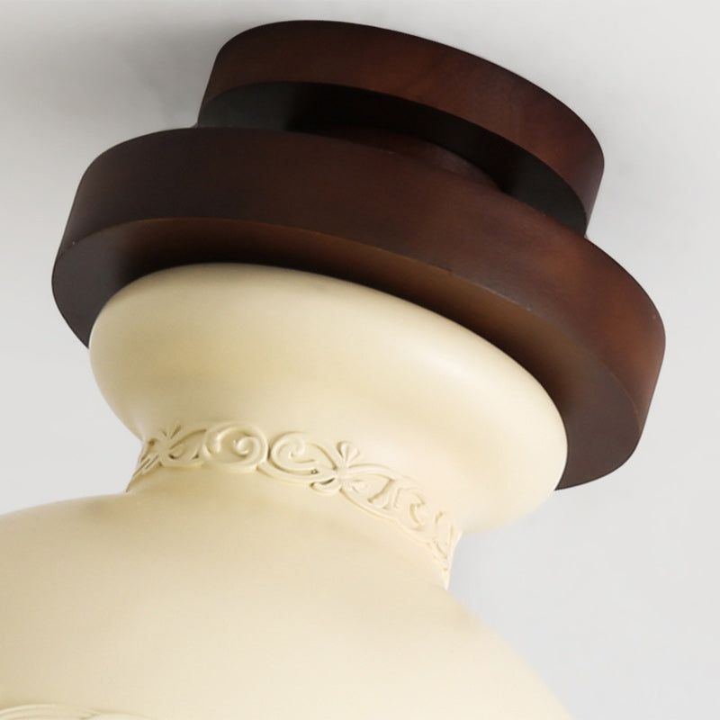 Modern Transitional Solid Wood Semicircle Carving Resin Shade 1-Light Semi-Flush Mount Ceiling Light For Living Room