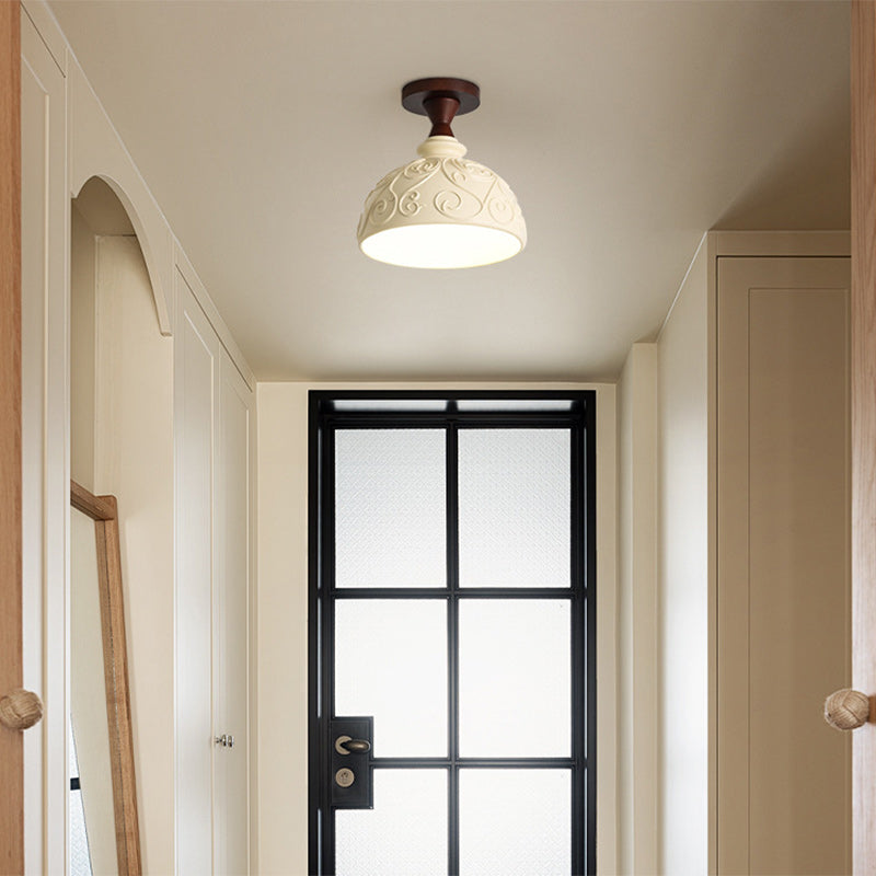 Modern Transitional Solid Wood Semicircle Carving Resin Shade 1-Light Semi-Flush Mount Ceiling Light For Living Room
