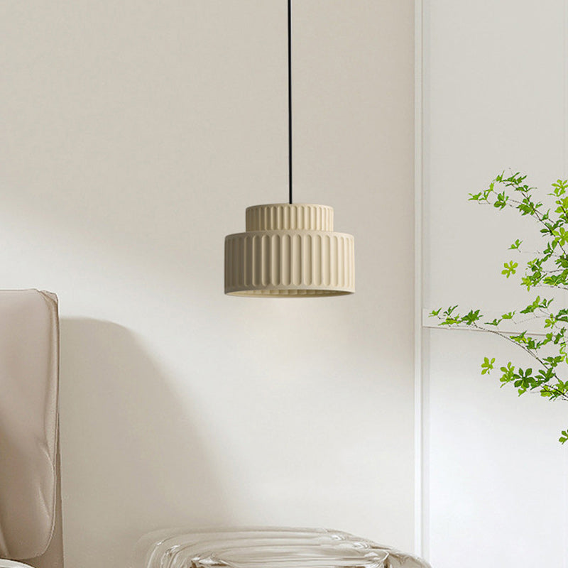 Contemporary Scandinavian Fluted Resin Cylinder Shade Iron 1-Light Pendant Light For Living Room