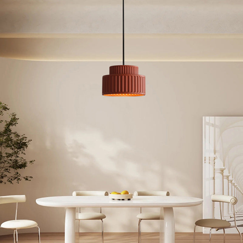 Contemporary Scandinavian Fluted Resin Cylinder Shade Iron 1-Light Pendant Light For Living Room