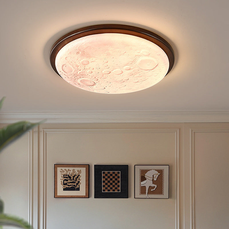 Contemporary Nordic Wood Acrylic Round Moon Shade LED Flush Mount Ceiling Light For Hallway