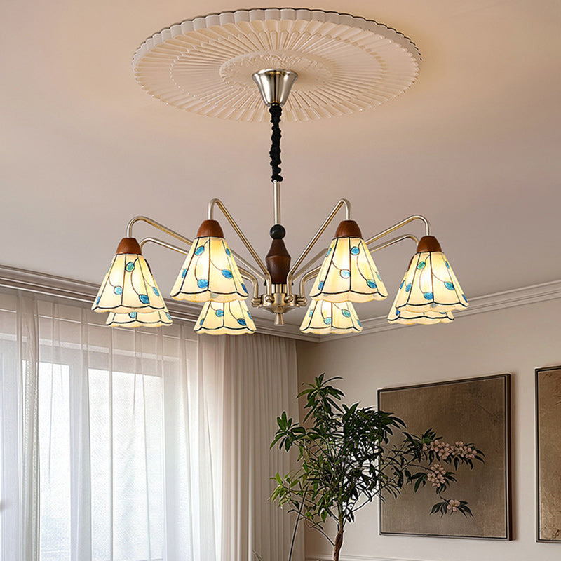 Traditional Tiffany Stained Glass Flower Shade Iron Solid Wood 5-Light Chandelier For Living Room