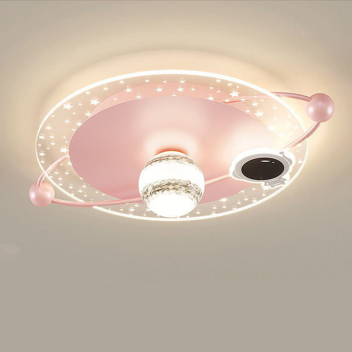 Contemporary Scandinavian Round Cartoon Astronaut Planet Iron Acrylic LED Flush Mount Ceiling Light For Bedroom
