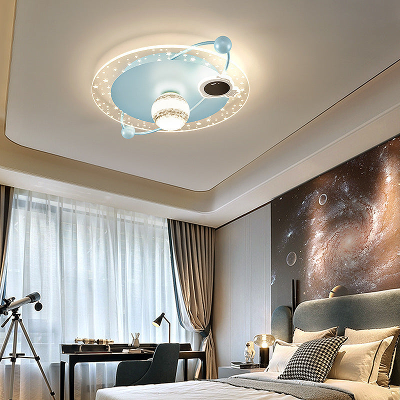 Contemporary Scandinavian Round Cartoon Astronaut Planet Iron Acrylic LED Flush Mount Ceiling Light For Bedroom