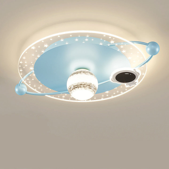 Contemporary Scandinavian Round Cartoon Astronaut Planet Iron Acrylic LED Flush Mount Ceiling Light For Bedroom