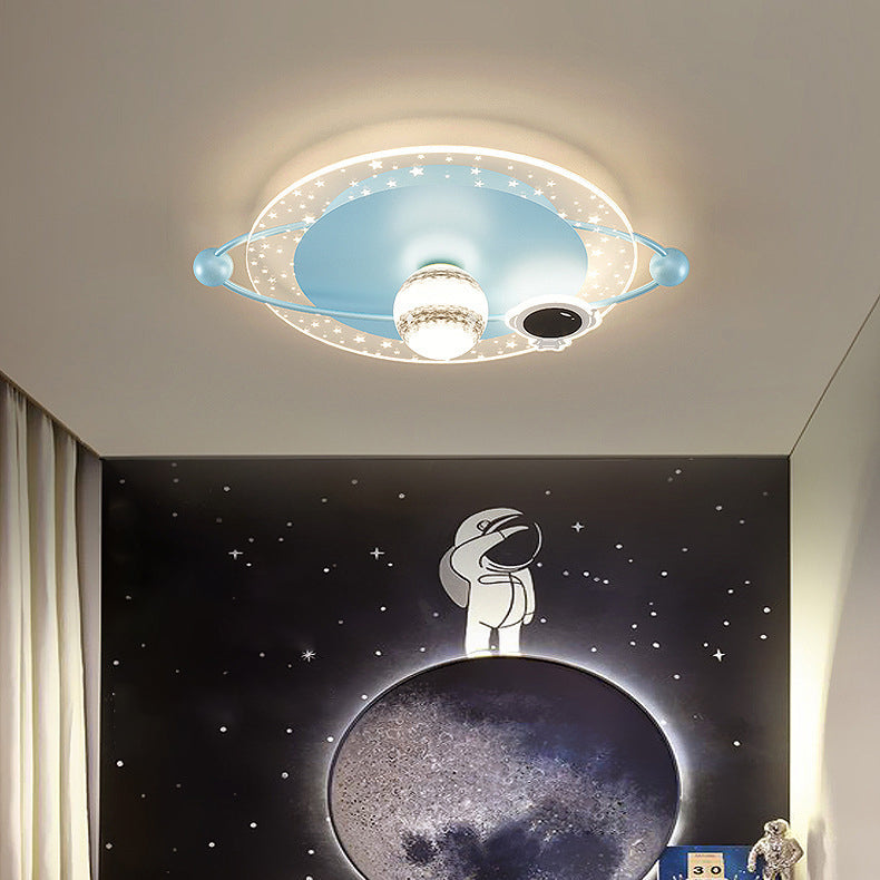 Contemporary Scandinavian Round Cartoon Astronaut Planet Iron Acrylic LED Flush Mount Ceiling Light For Bedroom