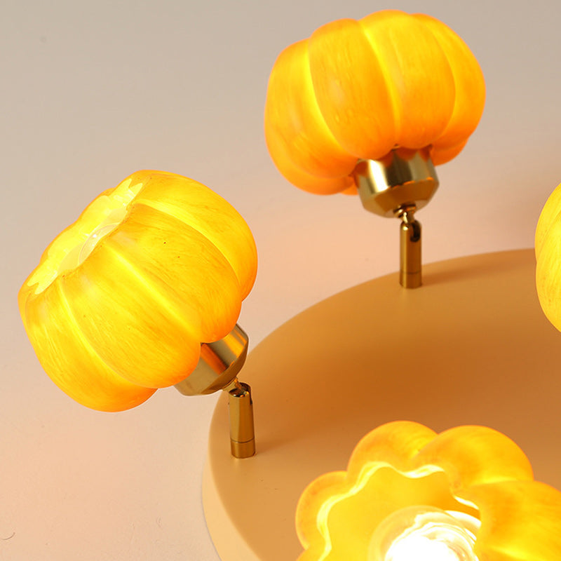 Traditional French Resin Pumpkin Shade Solid Wood 3/5/6/7-Light Semi-Flush Mount Ceiling Light For Living Room