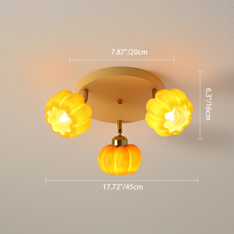 Traditional French Resin Pumpkin Shade Solid Wood 3/5/6/7-Light Semi-Flush Mount Ceiling Light For Living Room