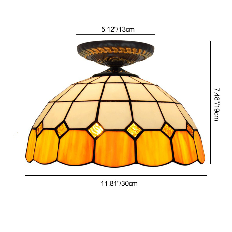 Traditional Tiffany Stained Glass Dome Shade 1-Light Semi-Flush Mount Ceiling Light For Living Room