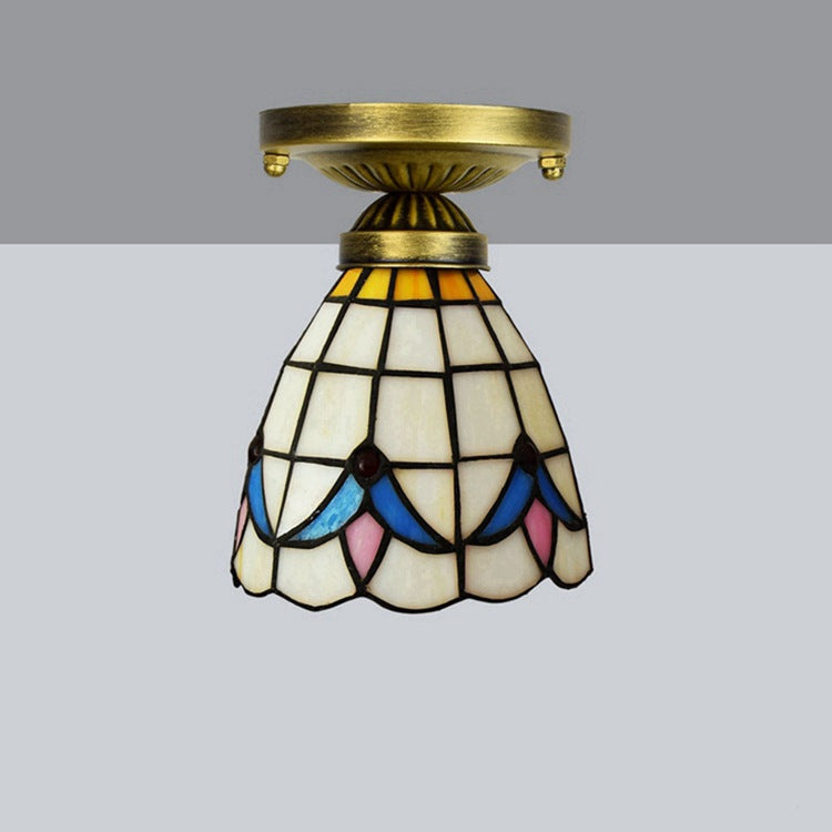 Traditional Tiffany Magnolia Flower Pattern Stained Glass Cup Shade 1-Light Semi-Flush Mount Ceiling Light For Living Room