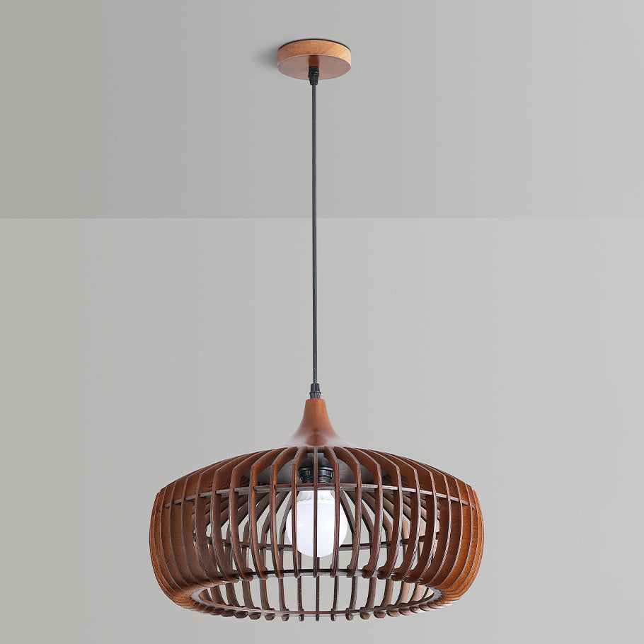 Traditional Japanese Solid Wood Hollow Out Round Cage 1-Light Pendant Light For Living Room