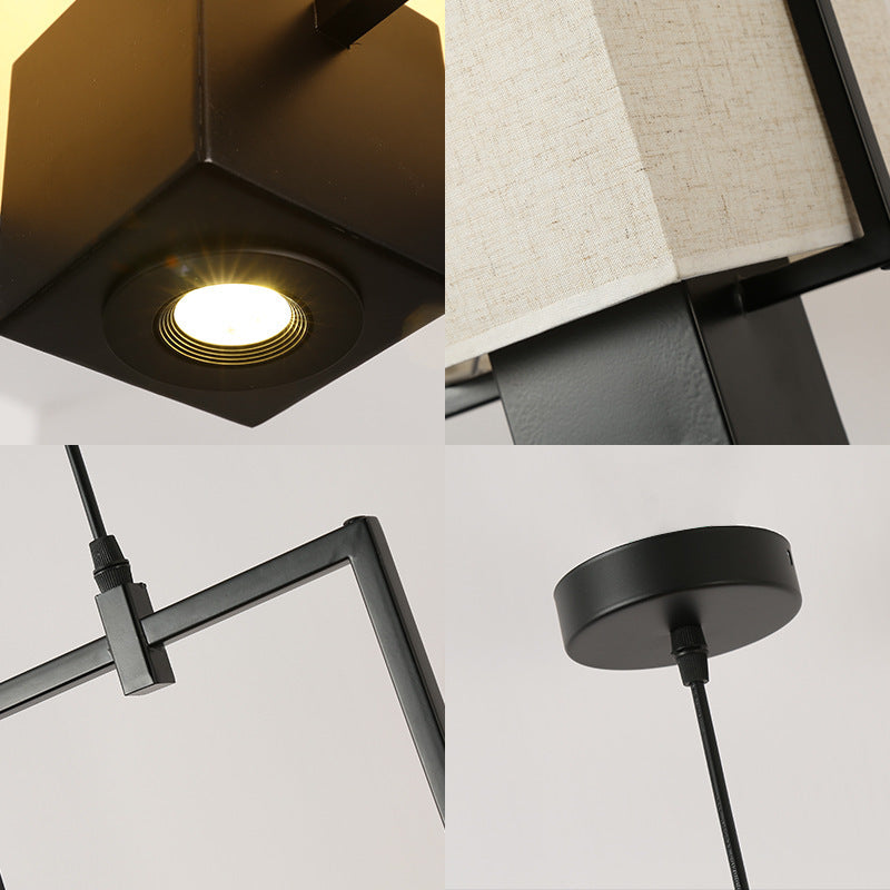 Traditional Chinese Iron Frame Fabric Column Shade 2-Light Pendant Light Spotlight For Living Room