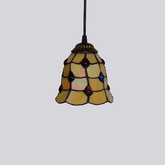 Traditional Tiffany Stained Glass Tulip Shade Iron 1-Light Pendant Light For Living Room