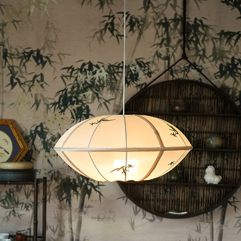 Traditional Chinese Bamboo Pattern Tencel Fabric Hexagonal Palace Lantern Shade 1-Light Pendant Light For Living Room