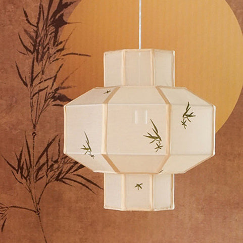 Traditional Chinese Bamboo Pattern Tencel Fabric Hexagonal Palace Lantern Shade 1-Light Pendant Light For Living Room