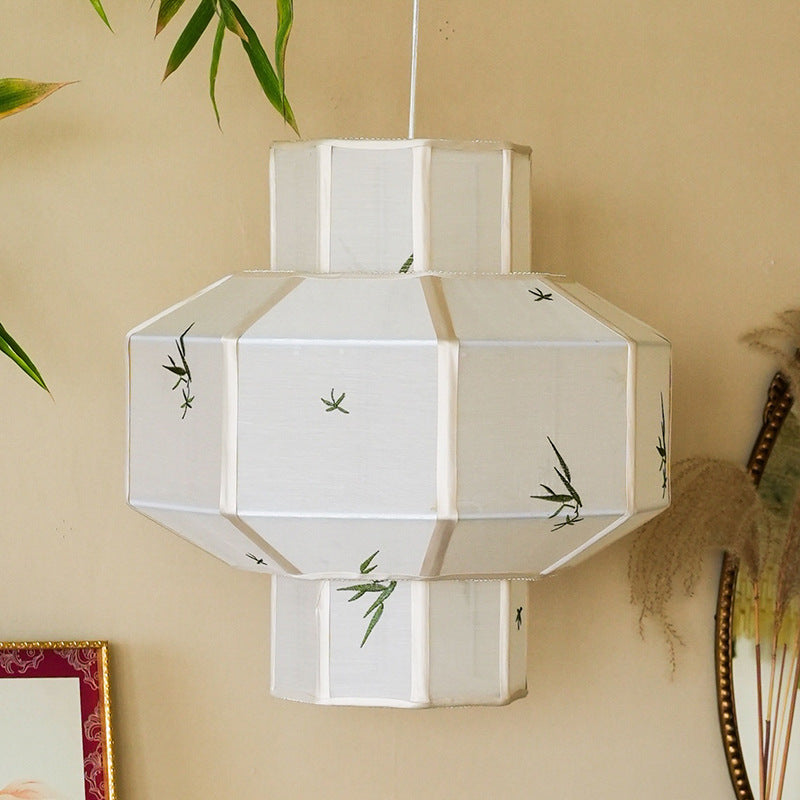 Traditional Chinese Bamboo Pattern Tencel Fabric Hexagonal Palace Lantern Shade 1-Light Pendant Light For Living Room