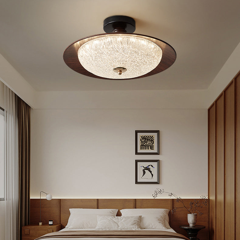 Traditional Vintage Iron Faux Woodgrain Acrylic Round LED Semi-Flush Mount Ceiling Light For Living Room