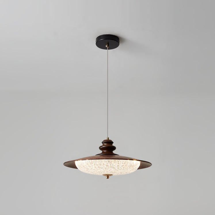 Traditional Vintage Iron Faux Woodgrain Acrylic Round LED Pendant Light For Living Room