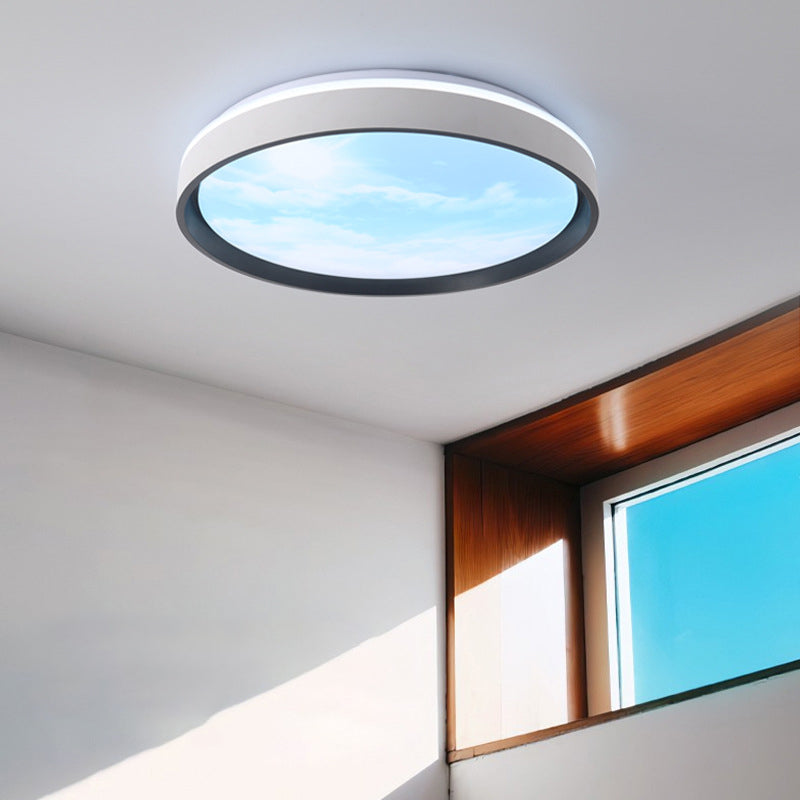 Contemporary Nordic Iron Blue Sky & Cloud Pattern Acrylic Round Shade LED Flush Mount Ceiling Light For Living Room