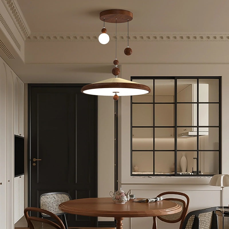 Traditional French Iron Faux Woodgrain Acrylic Cone Shade LED Pendant Light For Living Room