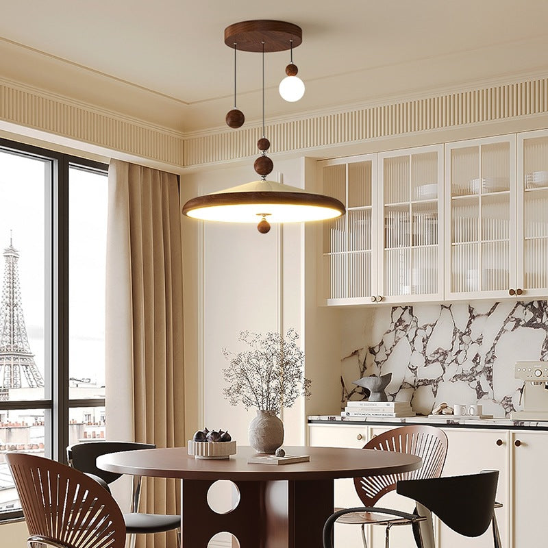 Traditional French Iron Faux Woodgrain Acrylic Cone Shade LED Pendant Light For Living Room